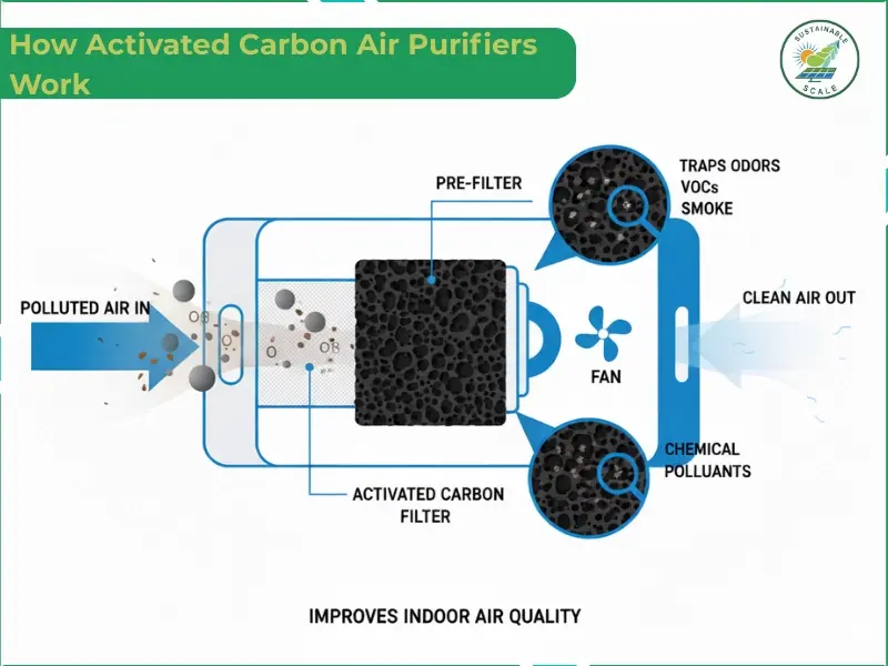 This diagram illustrates how an activated carbon air purifier filters pollutants from the air to improve indoor air quality.