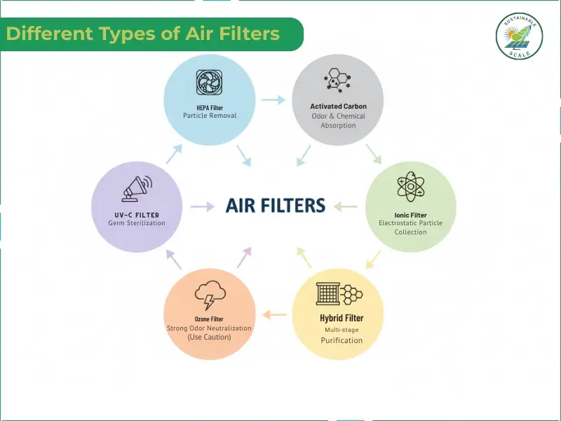 This infographic displays seven different types of air filters and their primary functions, ranging from particle removal to germ sterilization.