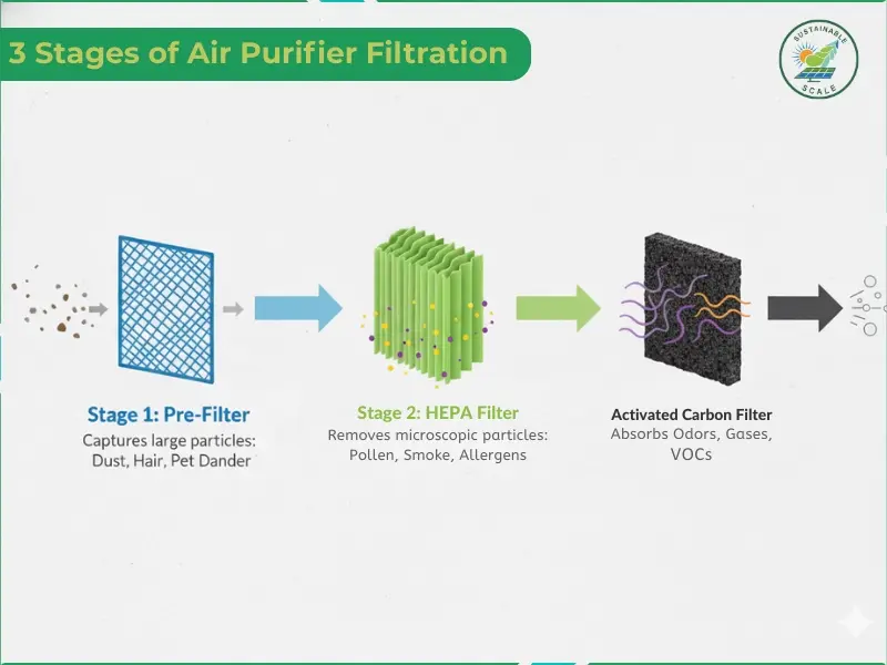 The image illustrates a three-stage air purifier filtration process in which a pre-filter captures large particles, a HEPA filter removes fine pollutants, and an activated carbon filter absorbs odors, gases, and VOCs.