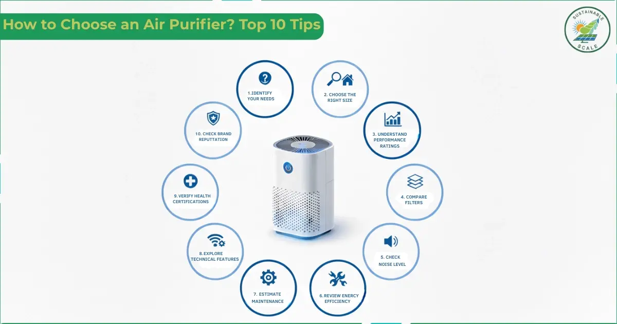 The image shows a circular infographic presenting ten tips for choosing an air purifier around a central purifier illustration.