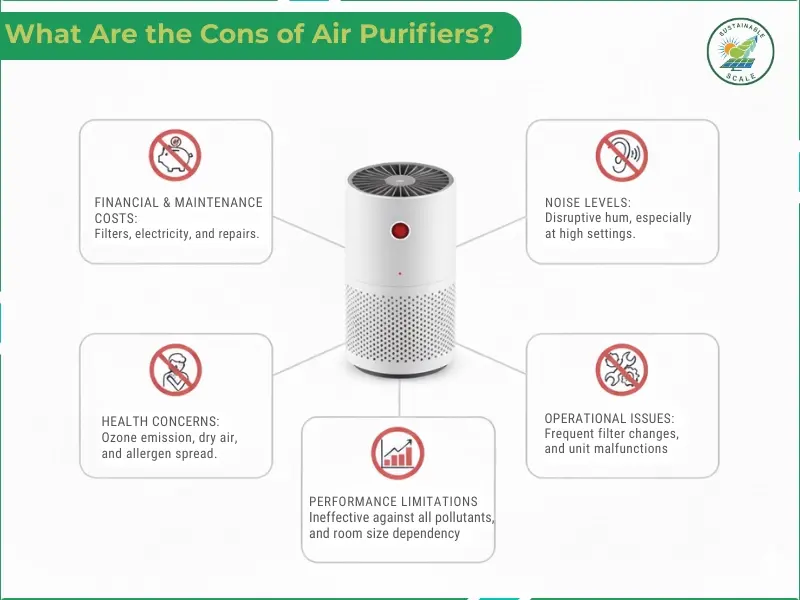 The infographic outlines five common drawbacks of air purifiers, including financial costs, noise levels, and performance limitations.