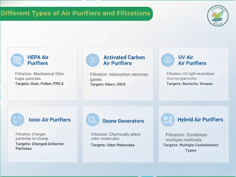 The image presents a categorized overview of different types of air purifiers like HEPA, activated carbon, UV, ionic, ozone generators, and hybrid systems highlighting their filtration methods and targeted pollutants.
