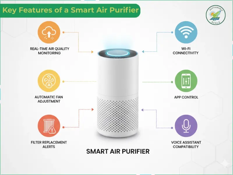 The infographic highlights six key features of a smart air purifier, including real-time monitoring and Wi-Fi connectivity.