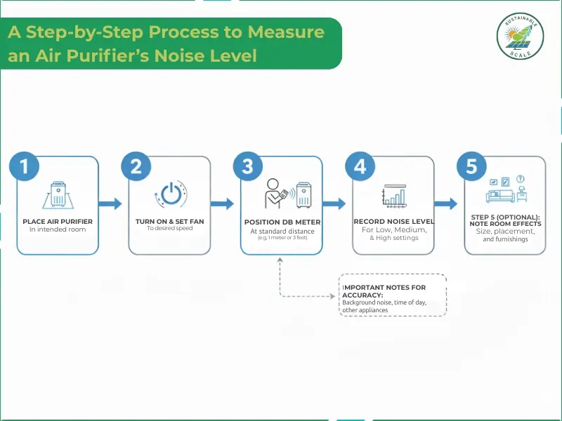 The infographic outlines a five-step procedure for accurately measuring the decibel noise levels of an air purifier at various fan settings.