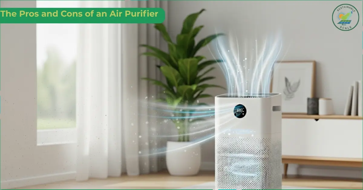 A modern air purifier is shown releasing clean airflow in a bright living room with plants and minimal décor.