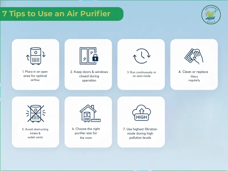 The image lists seven practical tips for using an air purifier effectively, covering placement, operation, maintenance, sizing, and filtration settings.