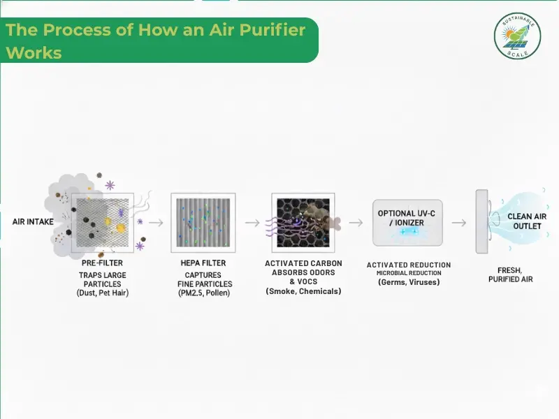 The diagram illustrates the multi-stage filtration process of an air purifier as it moves air through a pre-filter, HEPA filter, and activated carbon filter to remove various pollutants.