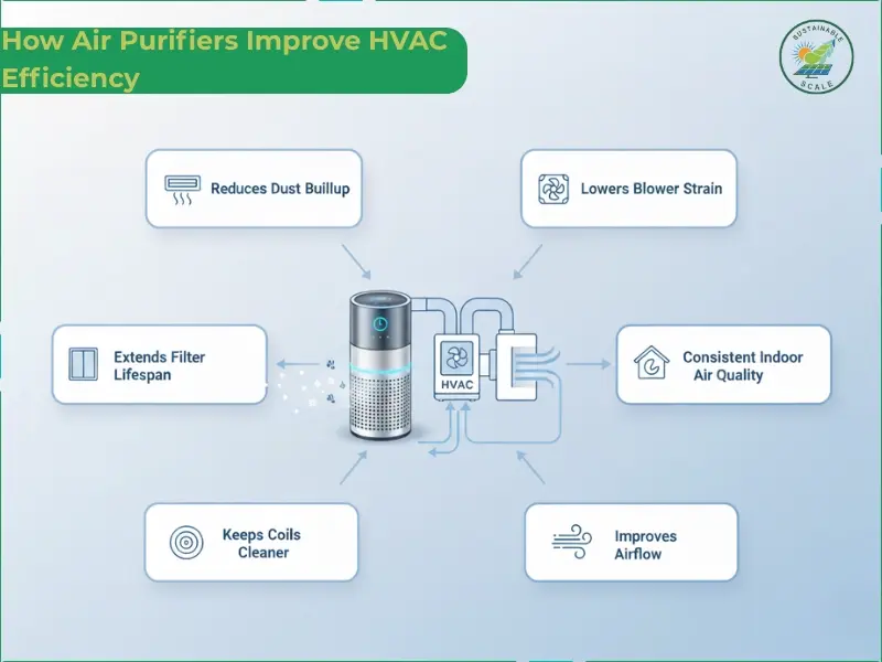 This infographic details six ways an air purifier improves HVAC efficiency, such as by reducing dust buildup, extending filter lifespan, and lowering blower strain.