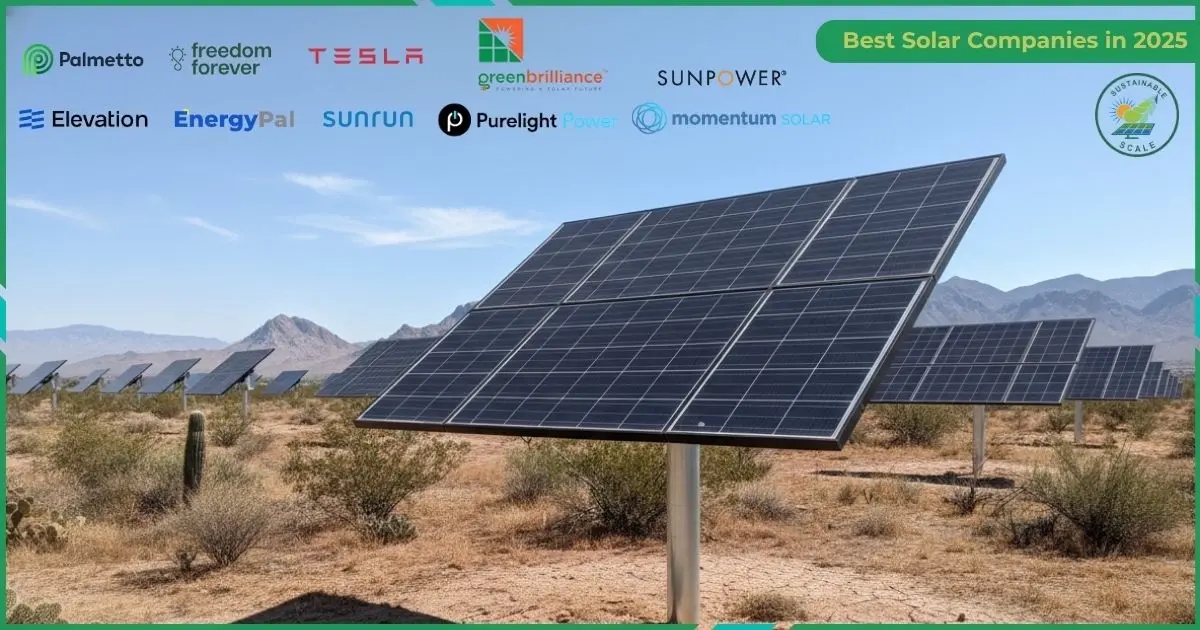 A banner titled "Best Solar Companies in 2025" showcases a desert solar farm under a clear sky, topped with the logos of major industry players including Palmetto, Tesla, Sunrun, and SunPower.