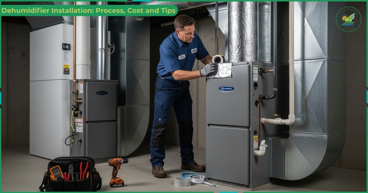 A technician is installing ductwork on a basement dehumidifier unit beside an HVAC system with tools laid out on the floor.