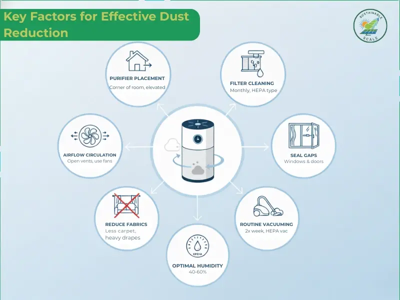 This infographic outlines seven key factors for effective dust reduction, including purifier placement, monthly filter cleaning, and maintaining optimal humidity between 40-60%.