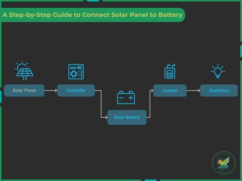 A technical flowchart showing the step-by-step connection from a solar panel to a controller, battery, inverter, and finally to an appliance.