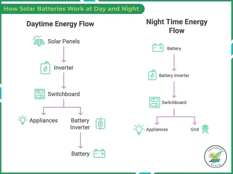 A side-by-side comparison diagram illustrating how energy flows from solar panels to appliances and batteries during the day versus from the battery to appliances and the grid at night.