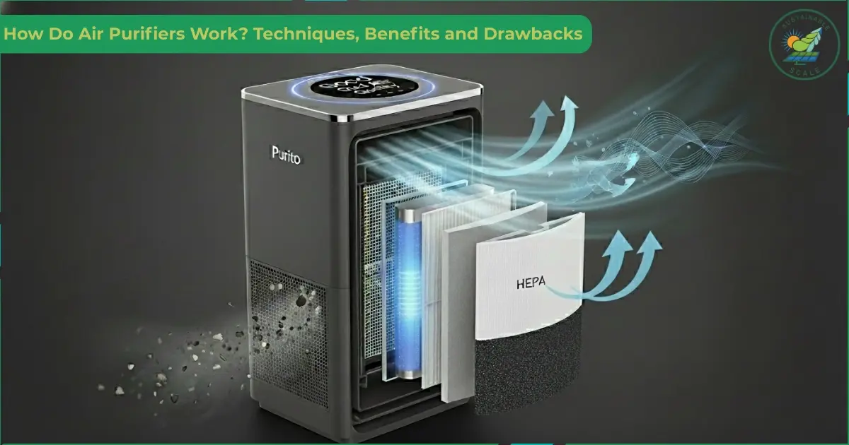 The image illustrates a cutaway air purifier showing HEPA and internal filters with airflow arrows explaining how it cleans air.
