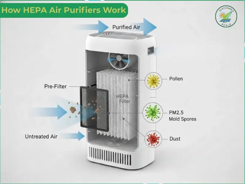 : The infographic illustrates the internal mechanism of a HEPA air purifier, demonstrating how untreated air passes through a pre-filter and HEPA filter to capture contaminants like pollen, mold spores, and dust before releasing purified air.