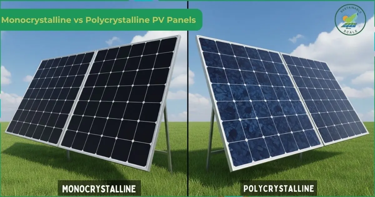 A side-by-side comparison of solar panels shows sleek, black monocrystalline panels with rounded edges on the left and textured, blue-tinted polycrystalline panels on the right.