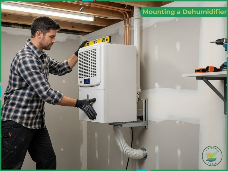 A man is mounting and leveling a wall-installed dehumidifier in a basement using a spirit level.