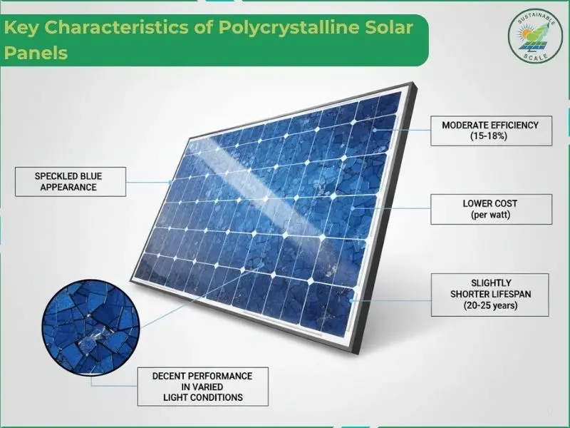 An educational infographic illustrates the features of blue polycrystalline solar panels, labeling their speckled blue appearance, moderate efficiency of 15-18%, lower cost per watt, slightly shorter lifespan of 20-25 years, and decent performance in varied light conditions.