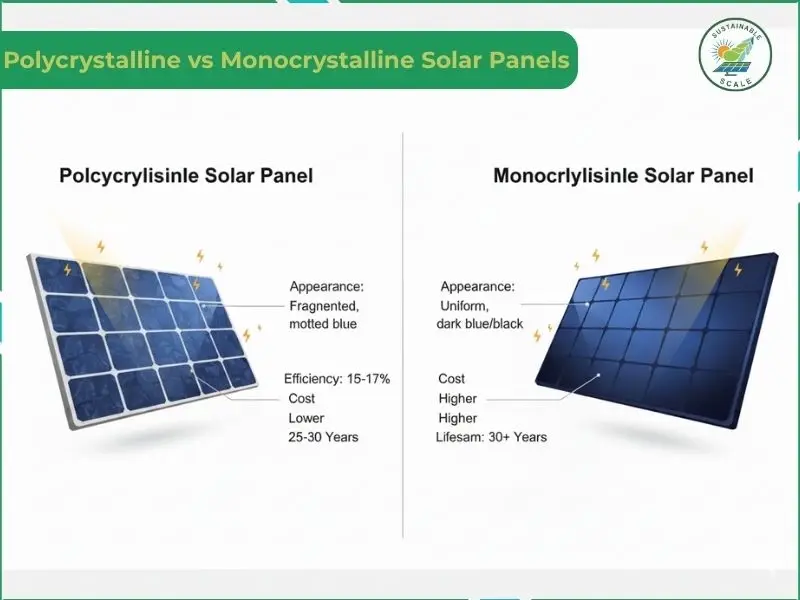 The infographic below compares polycrystalline and monocrystalline solar panels, highlighting that polycrystalline panels have a mottled blue appearance with lower efficiency and cost, while monocrystalline panels are uniform black with higher efficiency, cost, and lifespan.