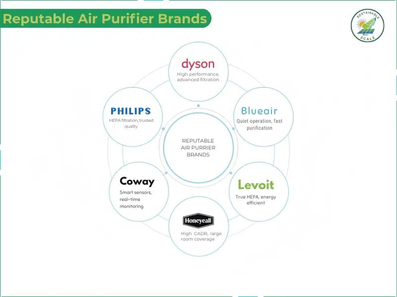 The infographic highlights six reputable air purifier brands and their distinctive performance features, such as high CADR and advanced filtration.