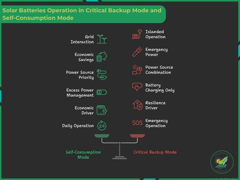 A conceptual infographic using a balance scale to compare the features of "Self-Consumption Mode," such as economic savings, against "Critical Backup Mode," which focuses on emergency power and resilience.