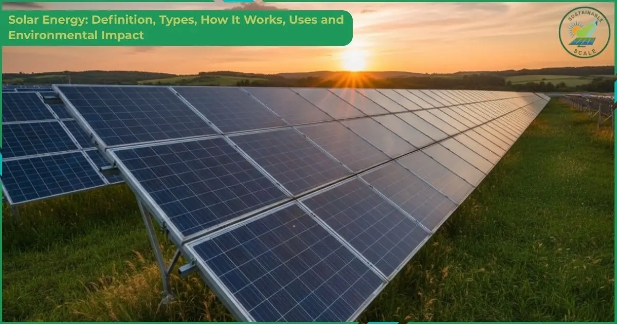 A wide landscape photograph of a large-scale solar farm with rows of blue photovoltaic panels stretching across a green field at sunset.