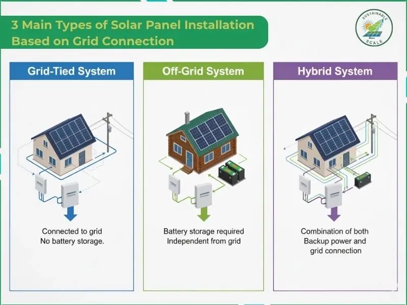 A comparative diagram illustrates three solar configurations: grid-tied systems without batteries, off-grid systems requiring battery storage, and hybrid systems that combine both grid connection and backup power.