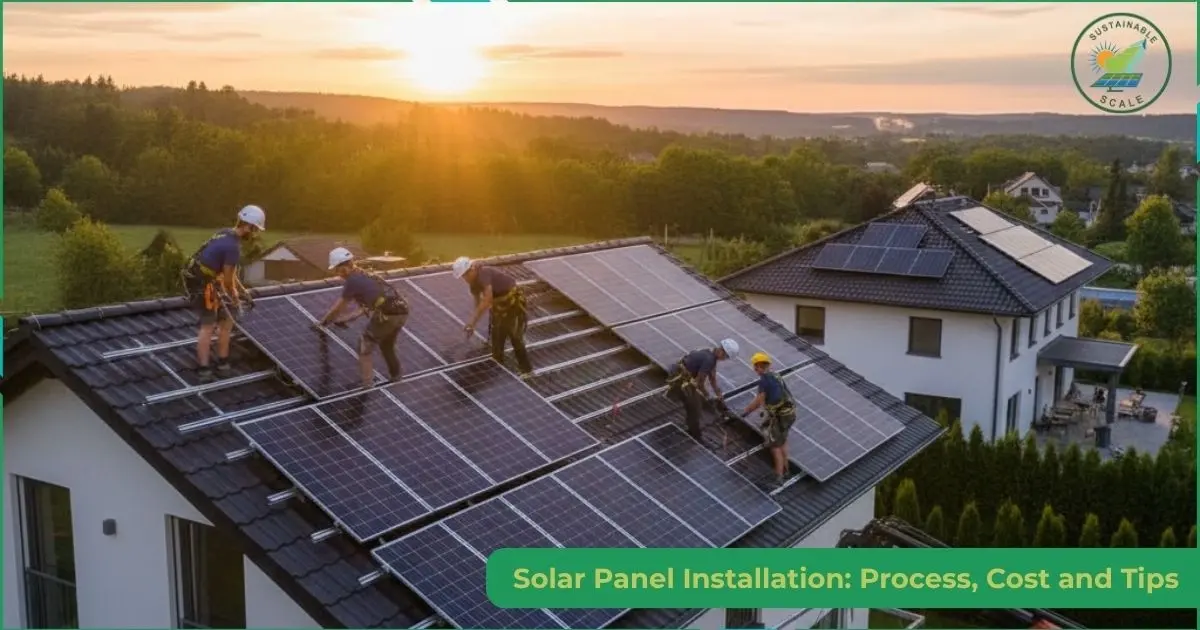 A group of professional installers wearing safety harnesses work on a residential roof to secure solar panels onto a mounting rack during sunset.