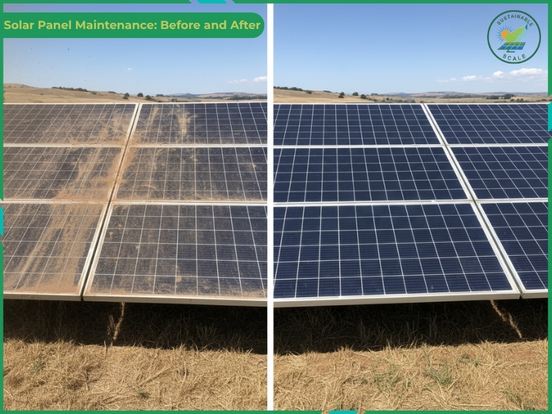 
A side-by-side comparison shows the dramatic results of solar panel maintenance, with the left side featuring panels covered in thick brown dust and the right side showing the same panels looking clean and clear after being washed.