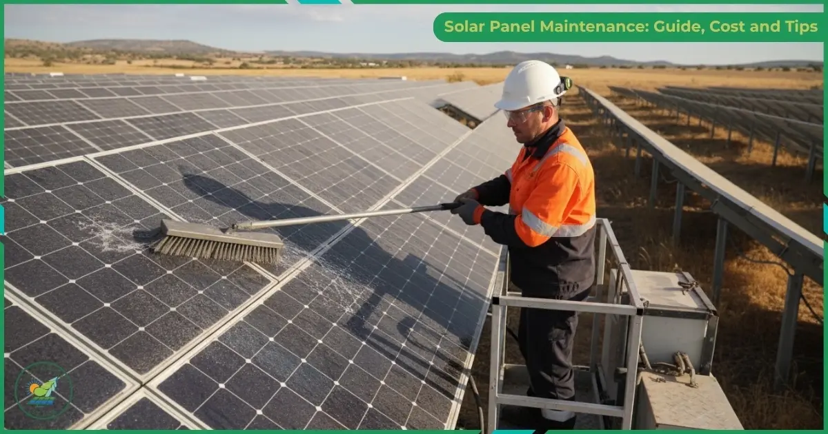 A worker in a hard hat and safety gear uses a long-handled brush to clean a large array of solar panels at an outdoor solar farm.