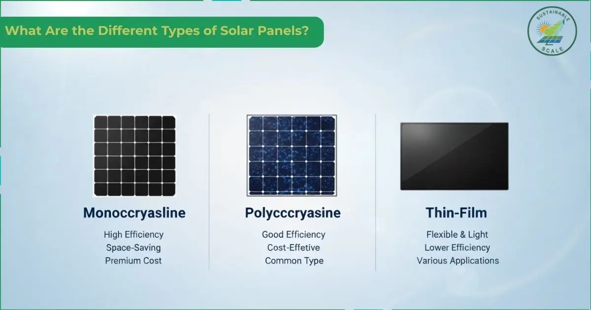 This infographic displays three types of solar panels like Monocrystalline, Polycrystalline, and Thin-Film, detailing their distinct appearances and key characteristics such as efficiency, cost, and typical applications.
