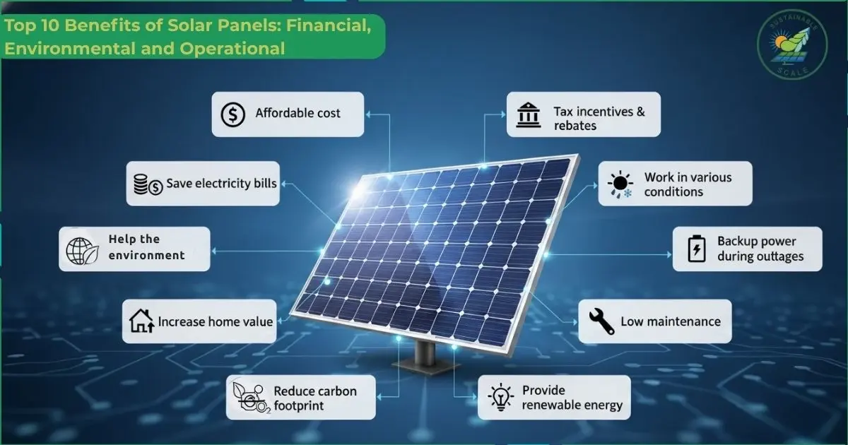 This infographic outlines ten primary benefits of adopting solar energy, categorized into financial gains like reduced electricity bills and increased property value, environmental impacts such as shrinking your carbon footprint and utilizing a renewable source, and operational advantages like low maintenance and energy independence.
