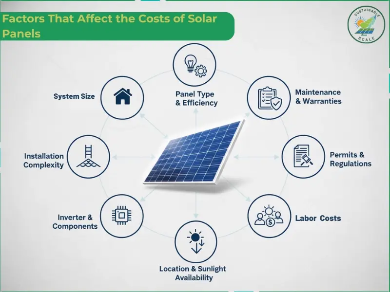 This infographic identifies eight key factors that influence the total cost of solar panels, including system size, panel type and efficiency, maintenance and warranties, permits and regulations, labor costs, location and sunlight availability, inverter and components, and installation complexity.