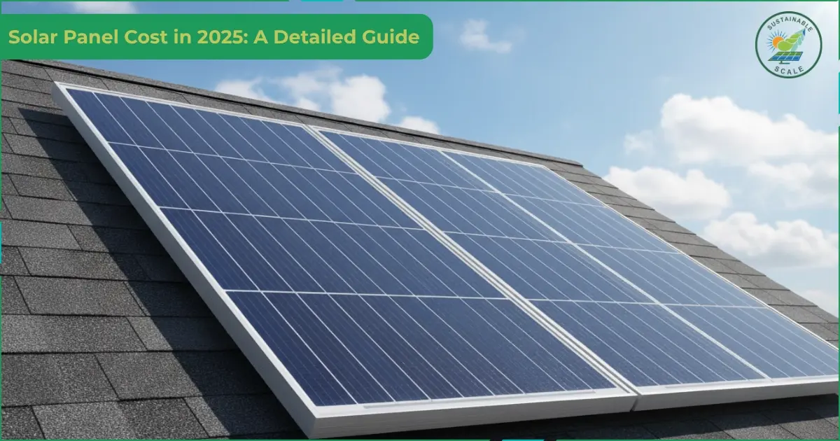 This image shows three monocrystalline solar panels installed on a residential shingled roof under a clear sky, serving as the cover for a detailed guide on solar panel costs in 2026.
