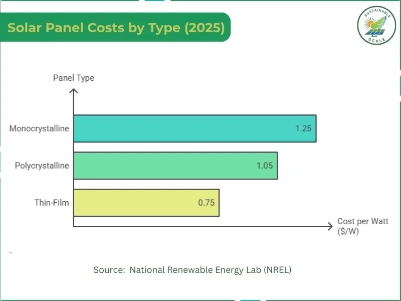 A horizontal bar chart titled "Solar Panel Costs by Type (2025)" shows that Monocrystalline panels are the most expensive at $1.25 per watt, followed by Polycrystalline at $1.05 and Thin-Film at $0.75, according to data from the National Renewable Energy Lab.