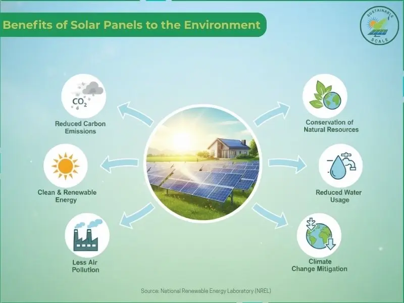 An infographic titled "Benefits of Solar Panels to the Environment" features a central image of a solar-powered home surrounded by icons representing six key advantages: reduced carbon emissions, clean and renewable energy, less air pollution, conservation of natural resources, reduced water usage, and climate change mitigation, citing the National Renewable Energy Laboratory as the source.