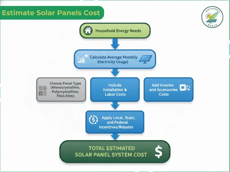 This flowchart outlines the key steps to calculate the total estimated cost of a solar panel system, starting from assessing your energy needs and evaluating available space to choosing panel types and determining the final investment after accounting for labor, components, and government incentives.