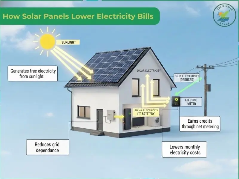 An educational infographic illustrates how solar panels lower electricity bills by showing sunlight hitting roof panels to power home appliances, charge a battery, and send excess energy back to the grid through a net meter.