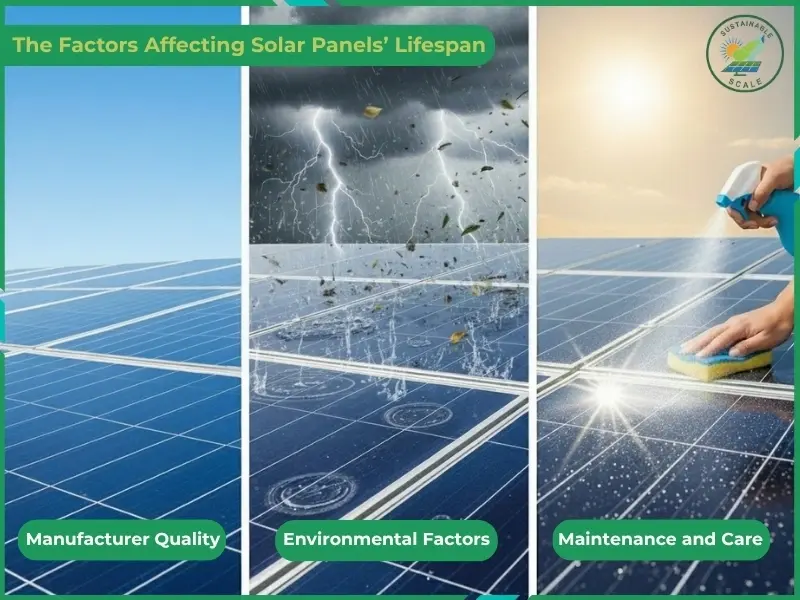 An infographic divided into three panels illustrating that manufacturer quality, environmental factors like storms, and regular maintenance and care determine a solar panel's lifespan.