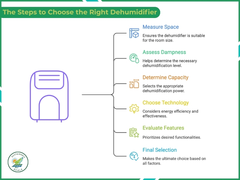The image presents a clean infographic showing the steps to choose the right dehumidifier based on space, dampness, capacity, technology, features, and final selection.