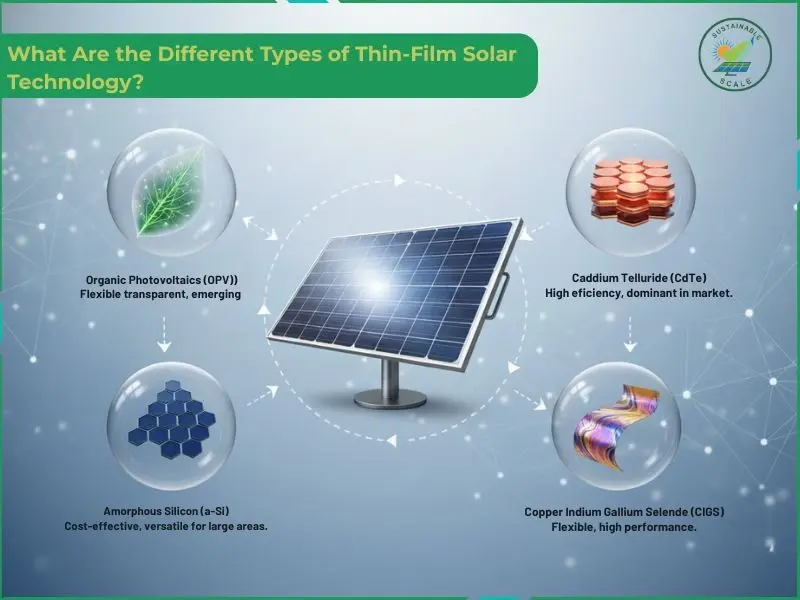 This infographic highlights four types of thin-film solar technology such as Organic Photovoltaics (OPV), Cadmium Telluride (CdTe), Amorphous Silicon (a-Si), and Copper Indium Gallium Selenide (CIGS).