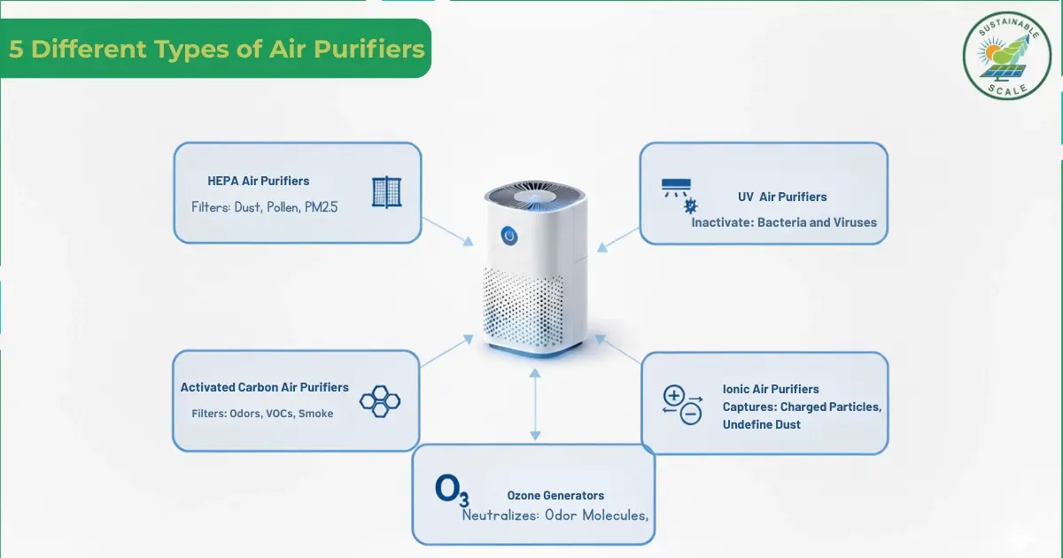The image shows an infographic illustrating five different types of air purifiers and what each one filters or neutralizes.