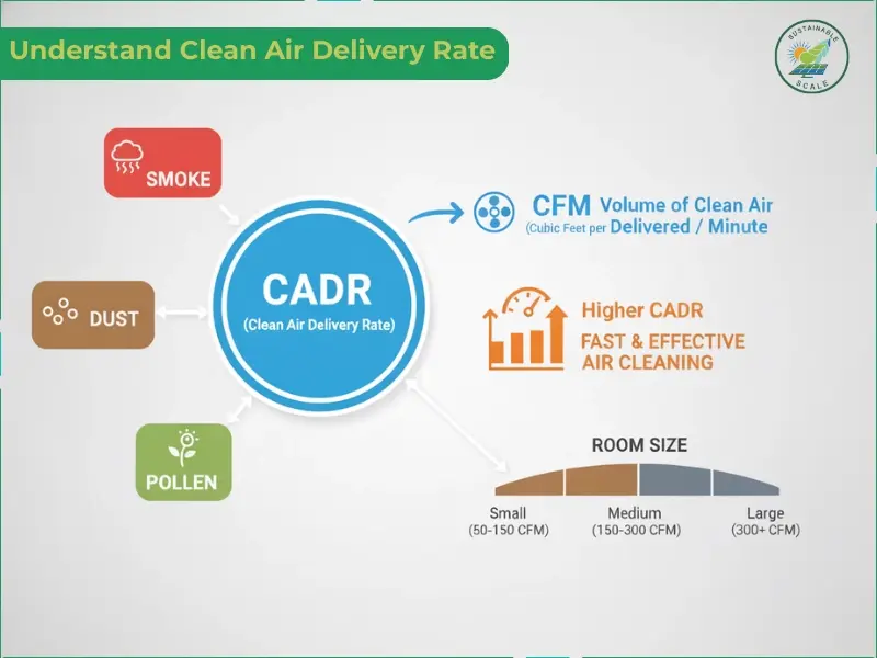 The infographic defines Clean Air Delivery Rate (CADR) as the volume of clean air delivered per minute to effectively remove smoke, dust, and pollen from various room sizes.