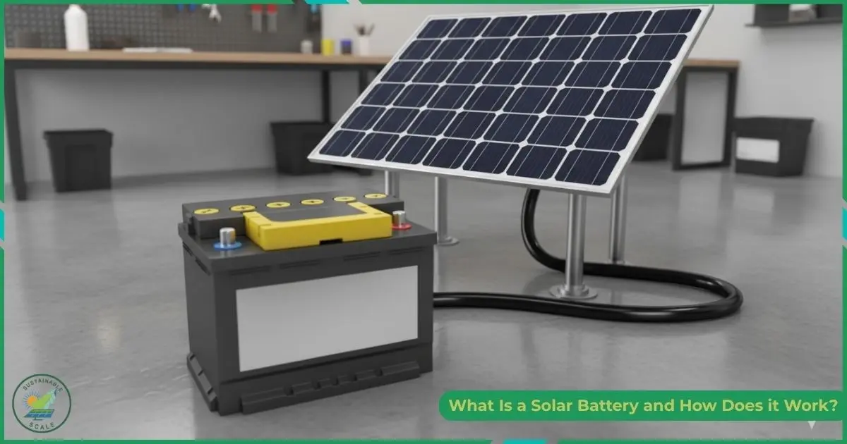A 3D digital rendering of a solar panel connected by a thick black cable to a large lead-acid style battery in a garage or workshop setting.
