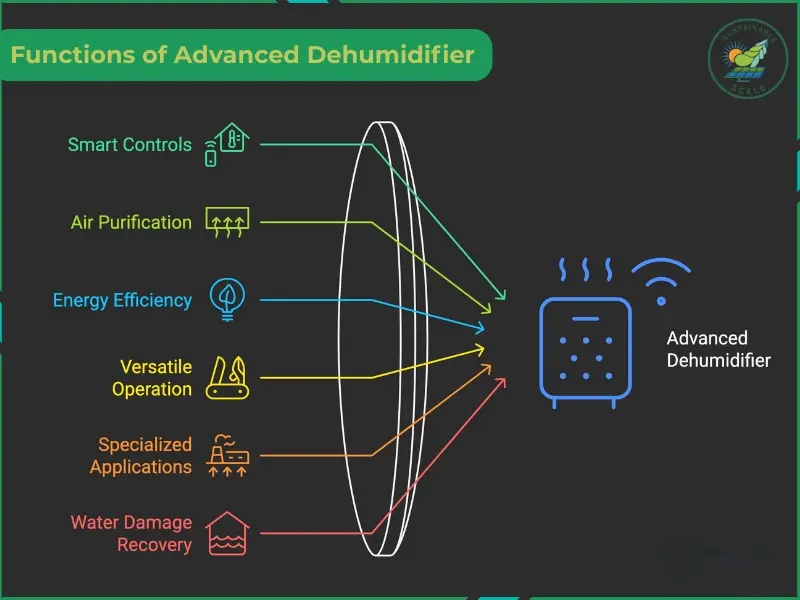 This infographic highlights six functional areas of an advanced dehumidifier, including smart controls, air purification, and specialized applications like water damage recovery.