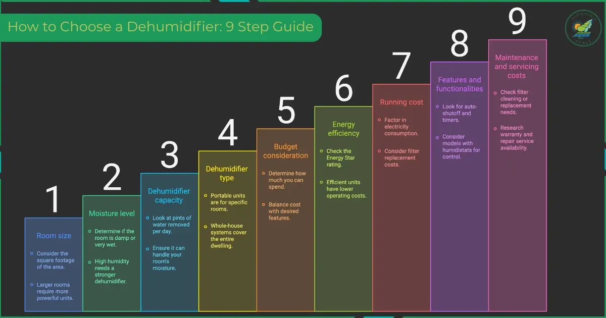 The image is a dark-themed infographic titled “How to Choose a Dehumidifier: 9 Step Guide” that visually presents nine numbered steps covering room size, moisture level, capacity, type, budget, energy efficiency, running cost, features, and maintenance considerations.