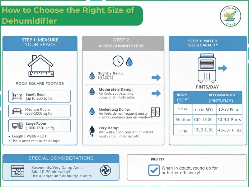 This infographic outlines a three-step process for choosing the right dehumidifier size by measuring room square footage, assessing moisture levels, and matching them to the recommended pint-per-day capacity.