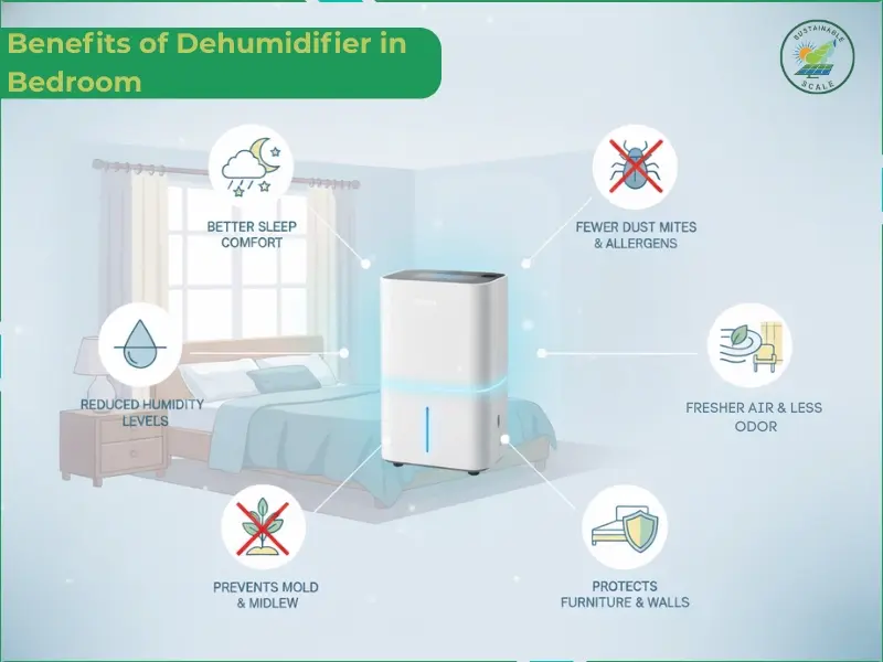 The image highlights the benefits of using a dehumidifier in a bedroom, including reduced humidity, better sleep comfort, fewer allergens, mold prevention, fresher air, and protection of furniture and walls.