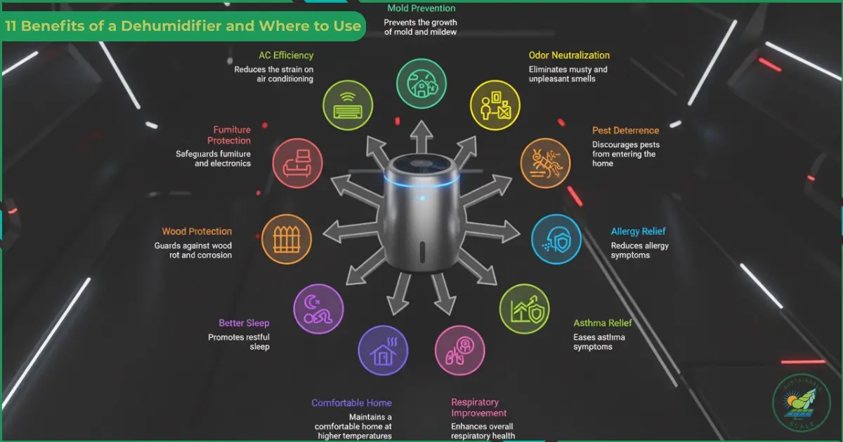 The image is a dark, futuristic infographic titled “11 Benefits of a Dehumidifier and Where to Use” that shows a central dehumidifier with arrows pointing to icons highlighting benefits like mold prevention, odor control, allergy relief, better sleep, and home protection.