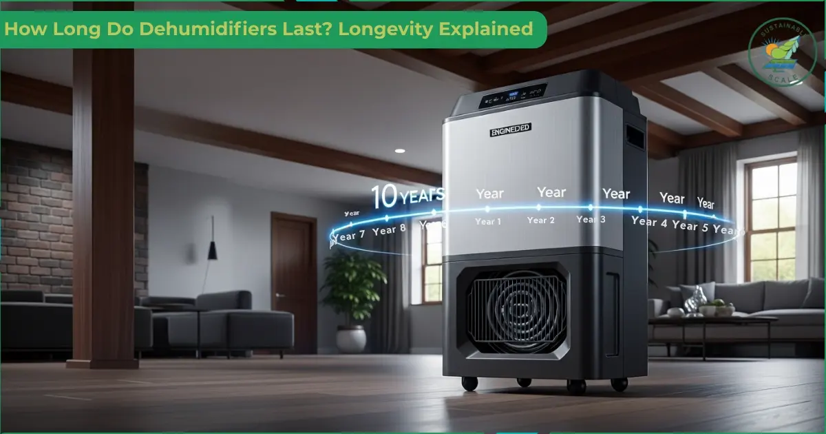 The image shows a modern dehumidifier in a stylish living room with a glowing timeline graphic illustrating a lifespan of up to 10 years under the title “How Long Do Dehumidifiers Last? Longevity Explained.”